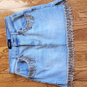 Akira EUC women's unique sexy rhinestone jean skirt size L.